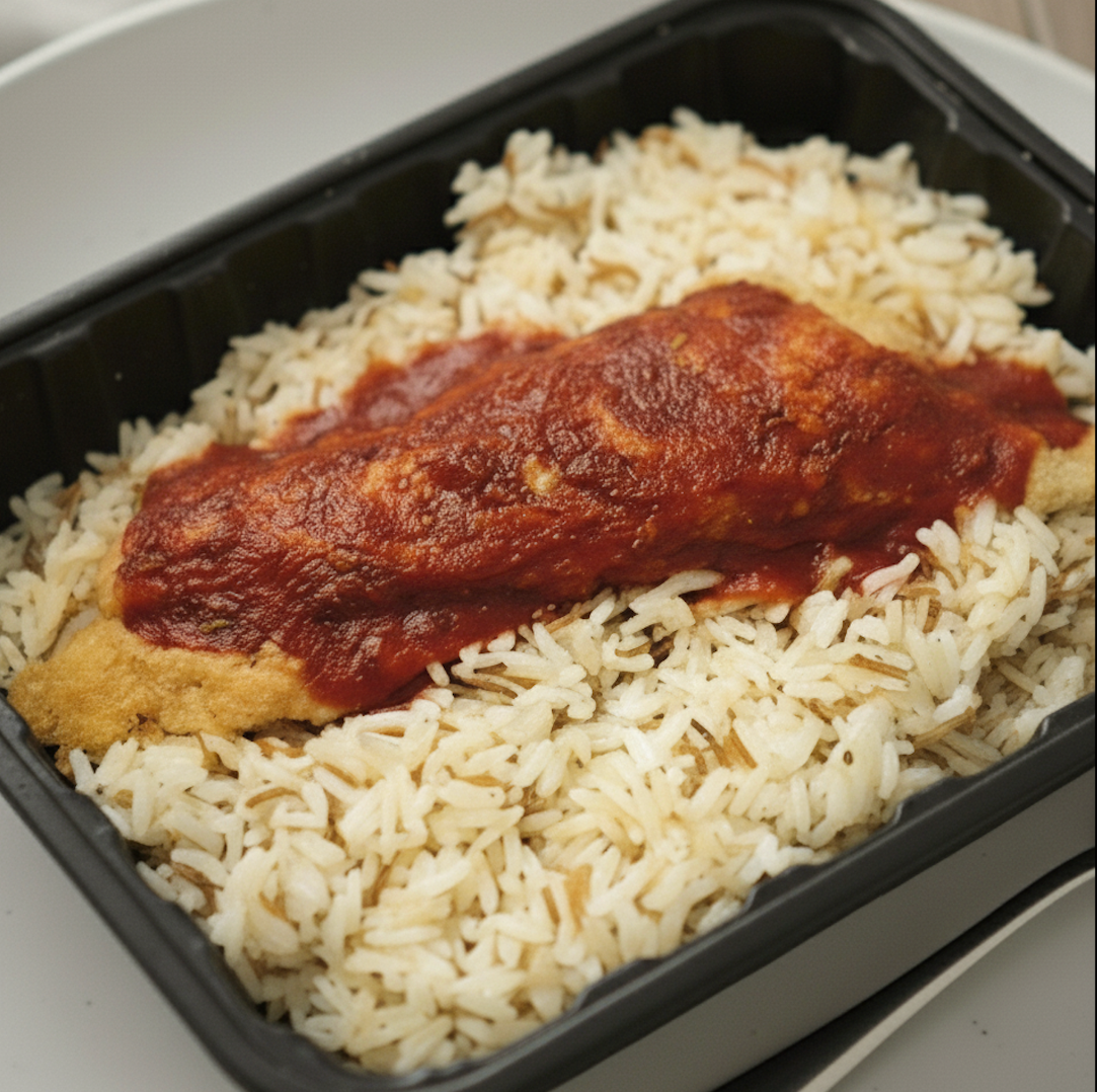 Merluza Apanada con Salsa Pomodoro y Arroz Árabe